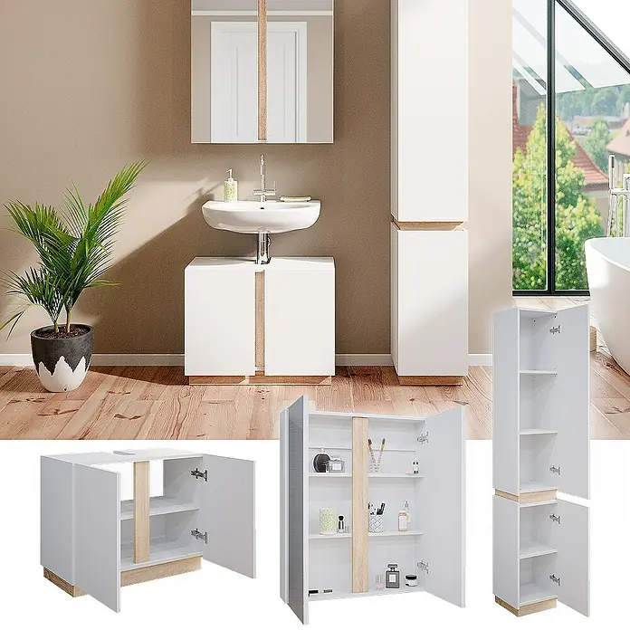 Vicco Badmöbel-Set Gloria Weiß 3 Teile, mit Hochschrank - Gesamtbreite Badmöbel: 103,4 cm, Weiß, Matt