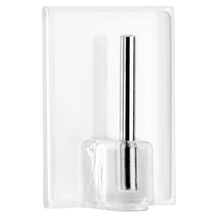 Inofix Colgador adhesivo 2042 - Plástico, Transparente - Imagen del producto de un solo gancho adhesivo. El gancho es de metal y está sujeto a una superficie de plástico transparente.