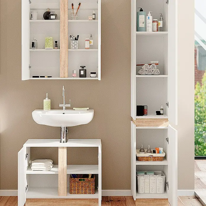 Vicco Badmöbel-Set Gloria Weiß 3 Teile, mit Hochschrank - Gesamtbreite Badmöbel: 103,4 cm, Weiß, Matt