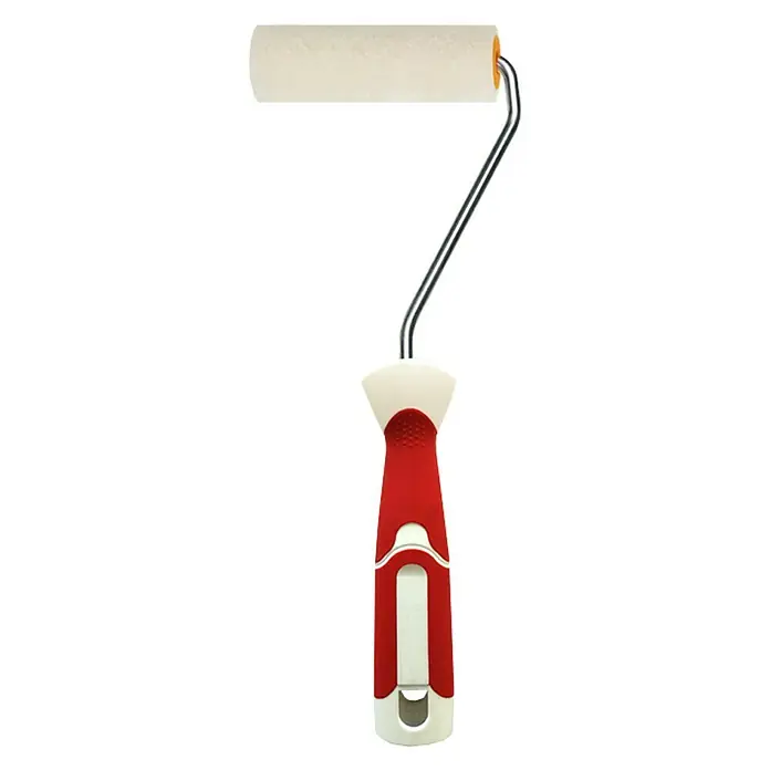 Rodillo de pintar Velour - Apto para: Superficies lisas, Anchura cilindro: 10 cm - Primer plano de un rodillo de pintura con mango rojo y rodillo blanco, ideal para una aplicación de pintura precisa.