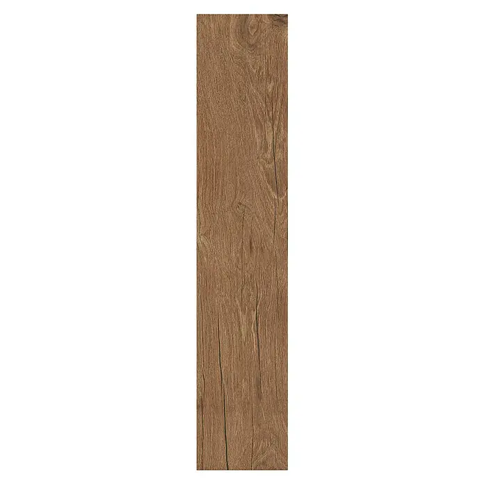 Feinsteinzeugfliese Natural Wood Ginger - 20 x 100 cm, Rotbraun, Matt - Detailaufnahme einer rustikalen Holzfliese mit markanter Maserung und warmen Brauntönen, ideal für ein natürliches Ambiente.