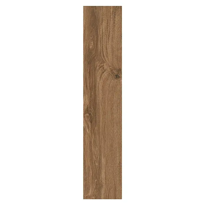 Feinsteinzeugfliese Natural Wood Ginger - 20 x 100 cm, Rotbraun, Matt - Abbildung einer Holzbodenfliese in warmen Brauntönen mit einer markanten Maserung und Astlöchern, die eine natürliche und rustikale Optik erzeugt.