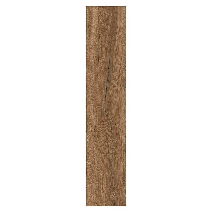 Feinsteinzeugfliese Natural Wood Ginger - 20 x 100 cm, Rotbraun, Matt - Detailaufnahme einer Holzfliese in warmen Brauntönen mit markanter Maserung und dunklen Akzenten, die eine natürliche Optik verleiht.