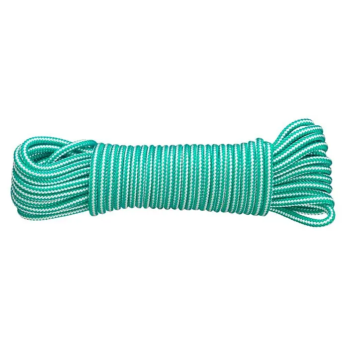 Cuerda DY2702832 - 4 mm x 20 m, Plástico, Verde, Carga soportada: 30 kg - Cuerda enrollada en turquesa y blanco. Ideal para atar, colgar y otros propósitos.