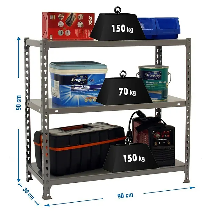 Simonrack Simonclick Metallregal Ecoclick - H x B x T: 90 x 90 x 30 cm, Traglast pro Boden: 70 kg, Anzahl Böden: 3 Stk., Stecken, Grau - Ein graues Regal mit drei Ebenen, beladen mit Werkzeugen und Farben, wobei das Gewicht auf jeder Ebene angegeben ist.