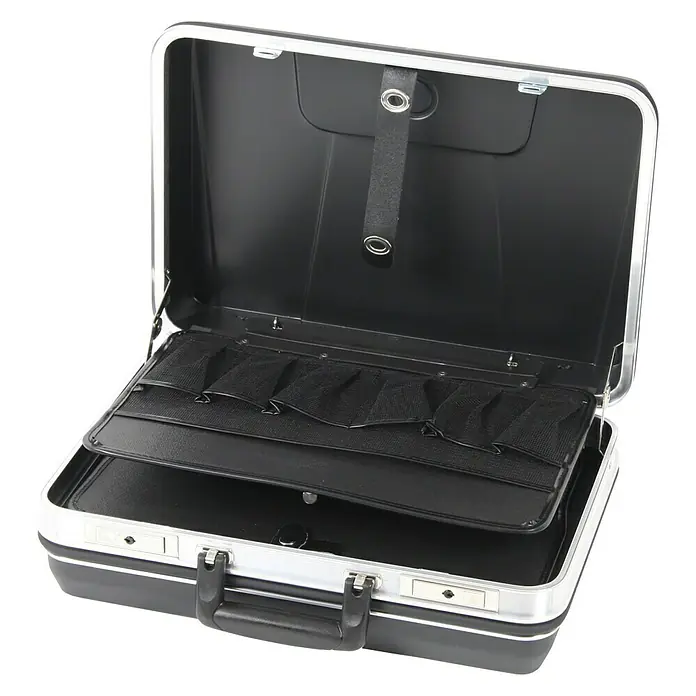 Hepco & Becker Werkzeugkoffer Budget 5041 - L x B: 360 x 490 mm, Höhe: 180 mm, Material: ABS - Offener schwarzer Hartschalenkoffer mit silberfarbenen Beschlägen, der das Innere mit Organizer-Fächern und Halterung zeigt.