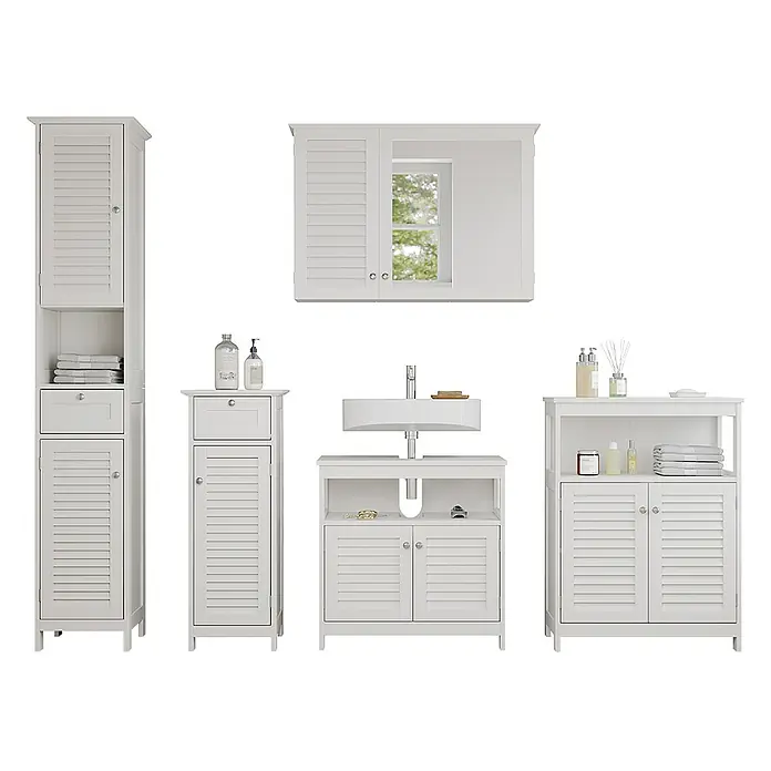 Vicco Badmöbel-Set Riad Weiß 5 Teile - Gesamtbreite Badmöbel: 184 cm, Weiß, Matt