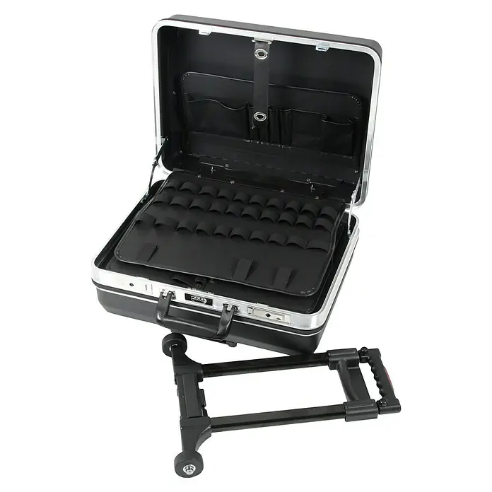 Hepco & Becker Werkzeugkoffer Budget 5075 Trolley - L x B: 430 x 510 mm, Höhe: 240 mm, ABS - Offener, schwarzer Werkzeugkoffer mit silberfarbenem Rahmen und herausziehbarem Griff, der die vielen Fächer im Inneren zeigt.