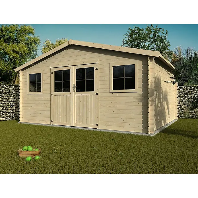 Décor et Jardin Caseta de jardín Floridan II - Medidas ext. (An x Pr): 509 x 402 cm, Madera, Natural - Una caseta de jardín de madera clara con ventanas y una puerta doble, rodeada de vegetación. Solución de almacenamiento ideal para el jardín.