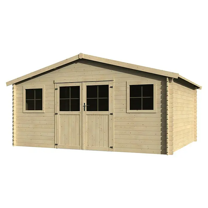 Décor et Jardin Caseta de jardín Floridan II - Medidas ext. (An x Pr): 509 x 402 cm, Madera, Natural - Una caseta de jardín de madera clara con puertas dobles y ventanas. La caseta de jardín ofrece almacenamiento y refugio al aire libre.