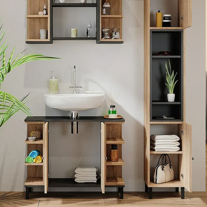 Vicco Badmöbel-Set Aquis Sonoma 3 Teile, mit Hochschrank - Gesamtbreite Badmöbel: 106,9 cm, Sonoma, Matt