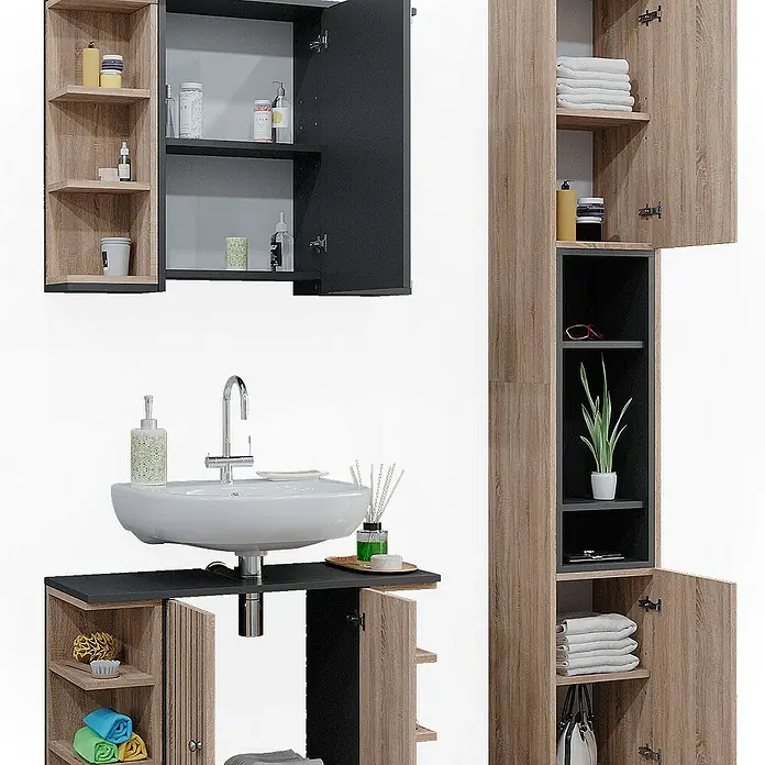 Vicco Badmöbel-Set Aquis Sonoma 3 Teile, mit Hochschrank - Gesamtbreite Badmöbel: 106,9 cm, Sonoma, Matt
