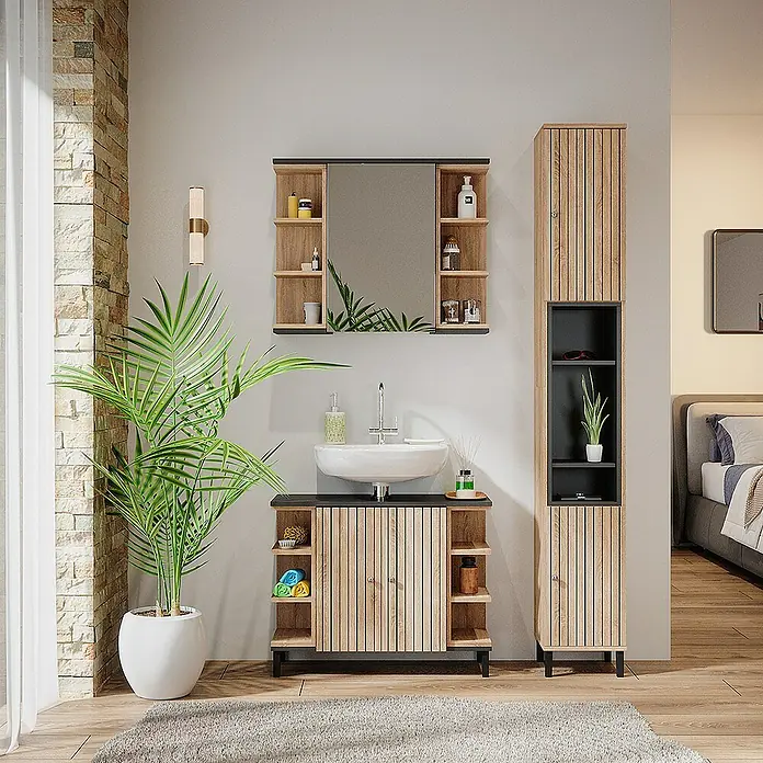 Vicco Badmöbel-Set Aquis Sonoma 3 Teile, mit Hochschrank - Gesamtbreite Badmöbel: 106,9 cm, Sonoma, Matt