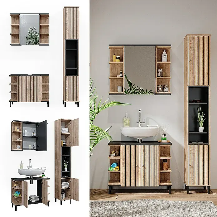 Vicco Badmöbel-Set Aquis Sonoma 3 Teile, mit Hochschrank - Gesamtbreite Badmöbel: 106,9 cm, Sonoma, Matt