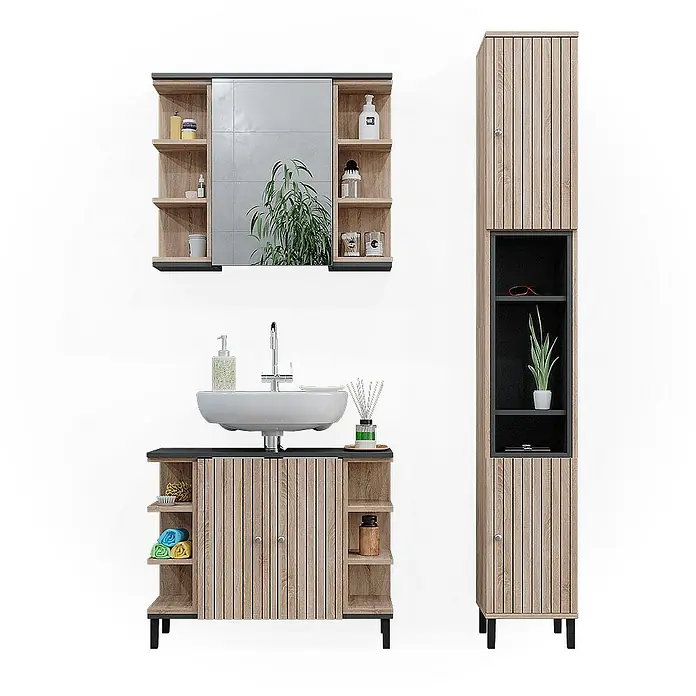 Vicco Badmöbel-Set Aquis Sonoma 3 Teile, mit Hochschrank - Gesamtbreite Badmöbel: 106,9 cm, Sonoma, Matt