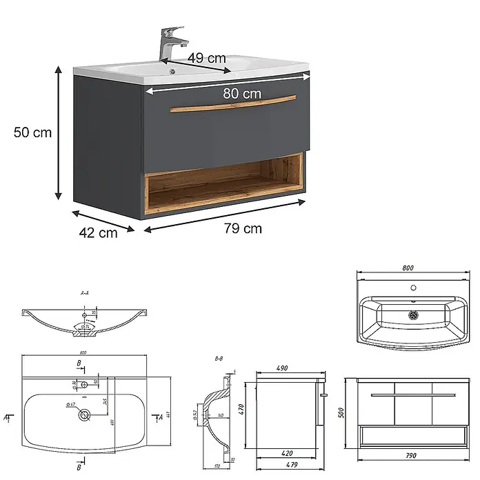 Vicco Badmöbel-Set Stelantis Anthrazit 2 Teile - Gesamtbreite Badmöbel: 80 cm, Anthrazit, Matt