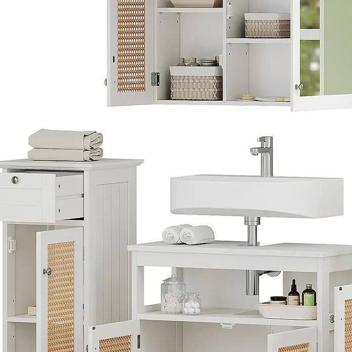 Vicco Badmöbel-Set Rosario Weiß 5 Teile, mit Hochschrank - Gesamtbreite Badmöbel: 184 cm, Weiß, Matt