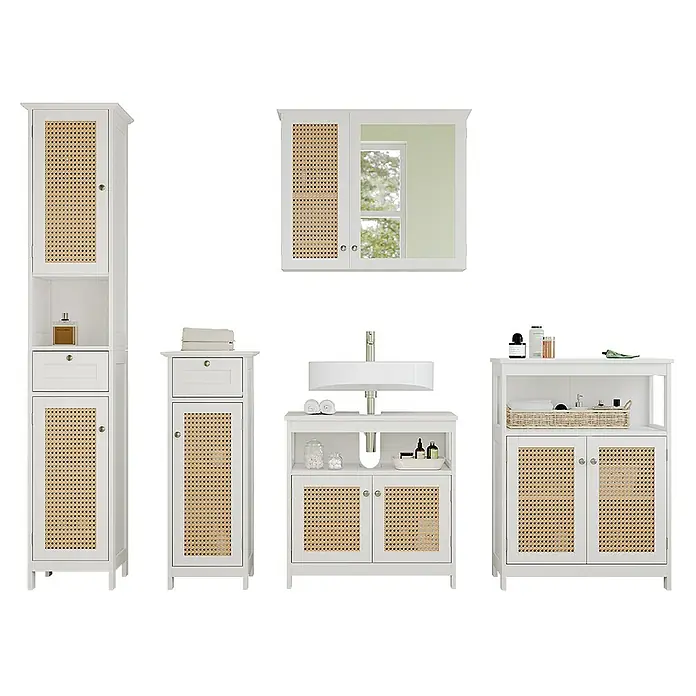 Vicco Badmöbel-Set Rosario Weiß 5 Teile, mit Hochschrank - Gesamtbreite Badmöbel: 184 cm, Weiß, Matt