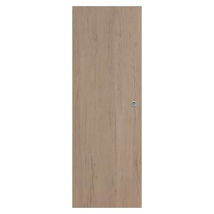 Solid Elements Puerta corredera de madera vinílica Toronto - 82,5 x 203 cm, Roble claro, Alveolar, Con uñero - Primer plano de una puerta de madera marrón claro con un pomo redondo plateado, ideal para interiores modernos.