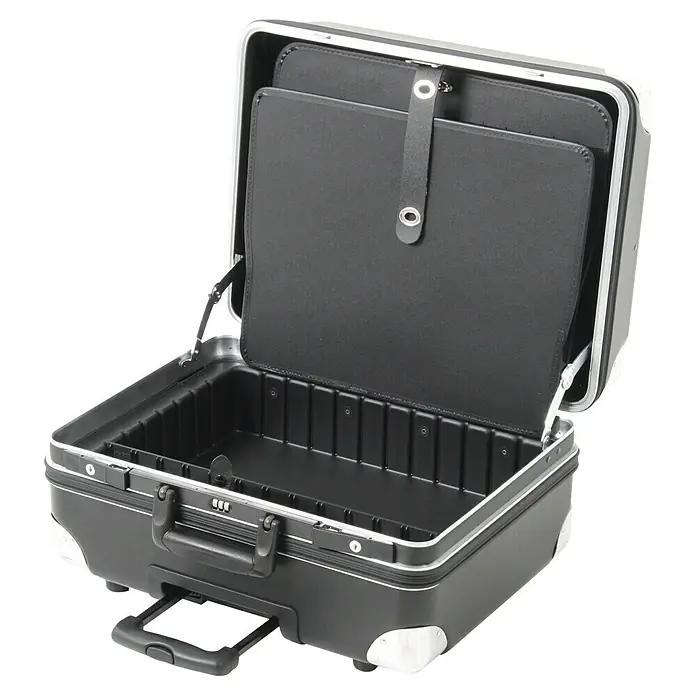 Hepco & Becker Werkzeugkoffer Robust 5765 - L x B x H: 430 x 510 x 300 mm, High Density Polyethylen (HDPE) - Offener schwarzer Trolley-Kosmetikkoffer mit silberfarbenen Akzenten, ideal für die Aufbewahrung von Kosmetika und Accessoires.