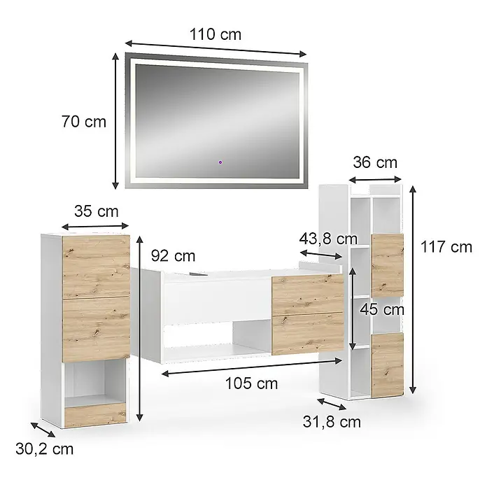 Vicco Badmöbel-Set Alf Weiß 4 Teile - Gesamtbreite Badmöbel: 176 cm, Weiß, Matt