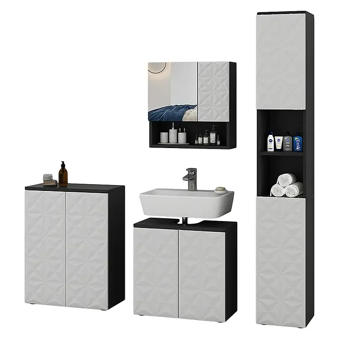 Vicco Badmöbel-Set Edge Schwarz 4 Teile - Gesamtbreite Badmöbel: 150 cm, Schwarz, Matt
