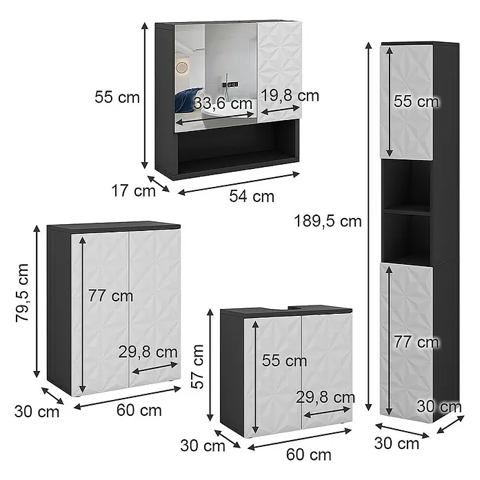 Vicco Badmöbel-Set Edge Schwarz 4 Teile - Gesamtbreite Badmöbel: 150 cm, Schwarz, Matt