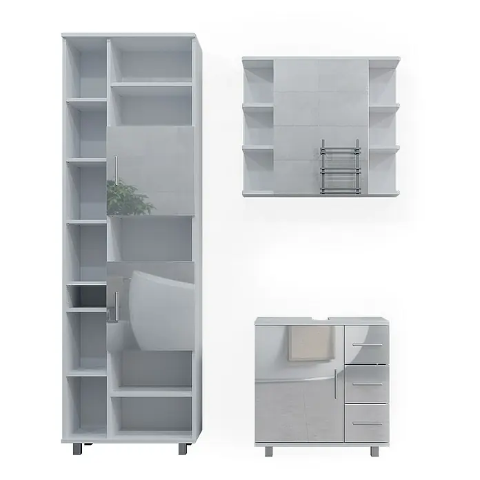 Vicco Badmöbel-Set Ilias Weiß Hochglanz 3 Teile, mit Hochschrank - Gesamtbreite Badmöbel: 120 cm, Weiß Hochglanz, Glänzend