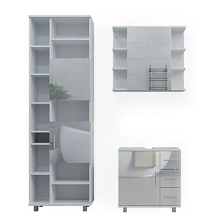 Vicco  Badmöbel-Set Ilias Weiß Hochglanz 3 Teile, mit Hochschrank