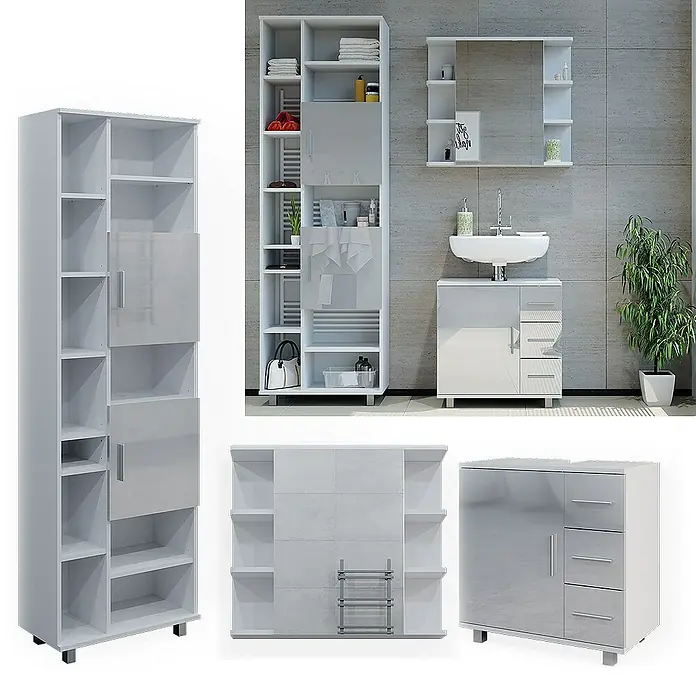 Vicco Badmöbel-Set Ilias Weiß Hochglanz 3 Teile, mit Hochschrank - Gesamtbreite Badmöbel: 120 cm, Weiß Hochglanz, Glänzend