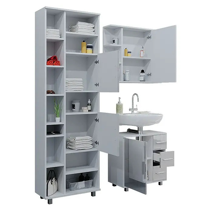 Vicco Badmöbel-Set Ilias Weiß Hochglanz 3 Teile, mit Hochschrank - Gesamtbreite Badmöbel: 120 cm, Weiß Hochglanz, Glänzend