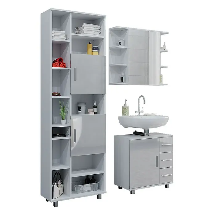Vicco Badmöbel-Set Ilias Weiß Hochglanz 3 Teile, mit Hochschrank - Gesamtbreite Badmöbel: 120 cm, Weiß Hochglanz, Glänzend