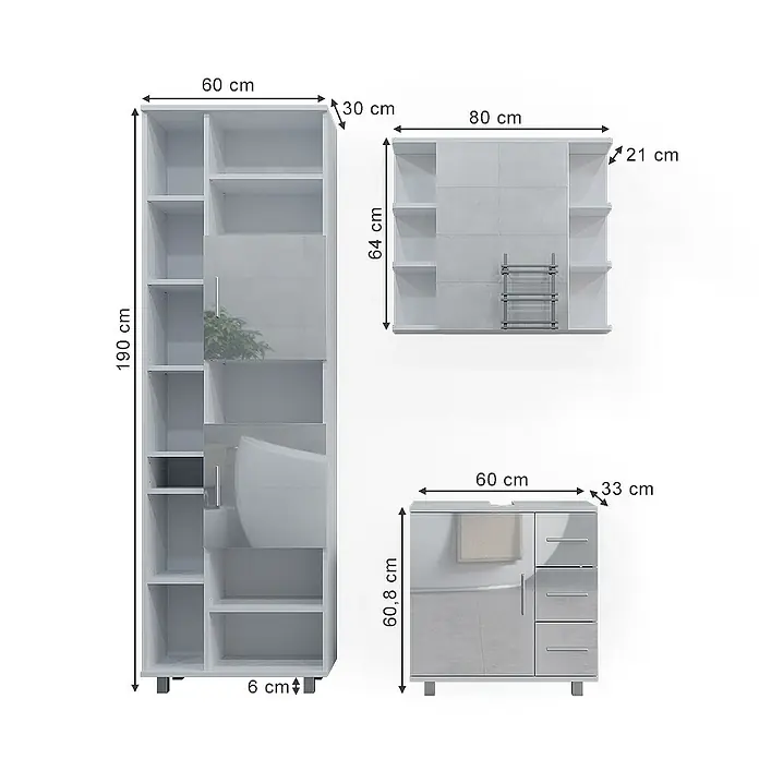 Vicco Badmöbel-Set Ilias Weiß Hochglanz 3 Teile, mit Hochschrank - Gesamtbreite Badmöbel: 120 cm, Weiß Hochglanz, Glänzend