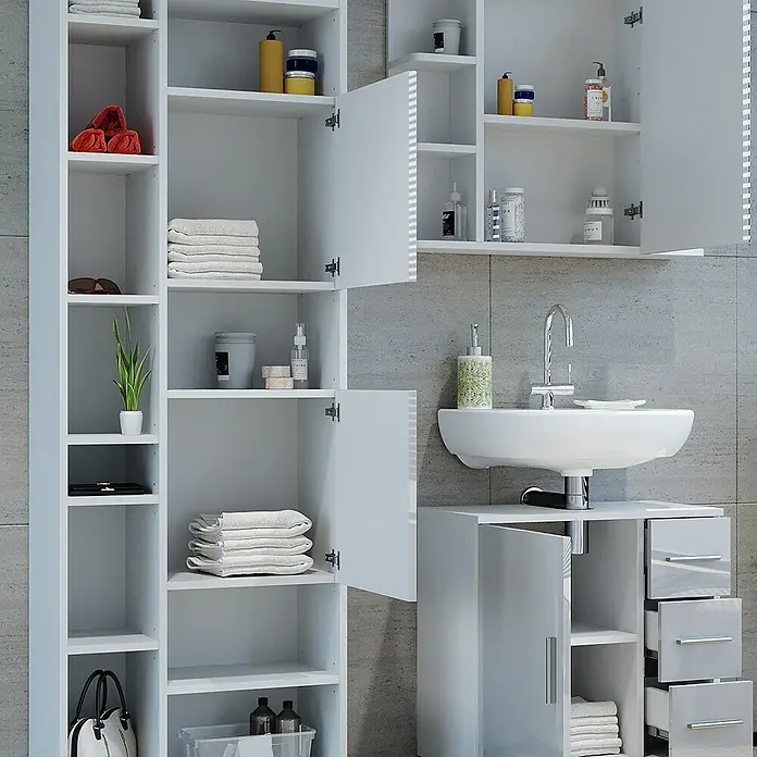 Vicco Badmöbel-Set Ilias Weiß Hochglanz 3 Teile, mit Hochschrank - Gesamtbreite Badmöbel: 120 cm, Weiß Hochglanz, Glänzend