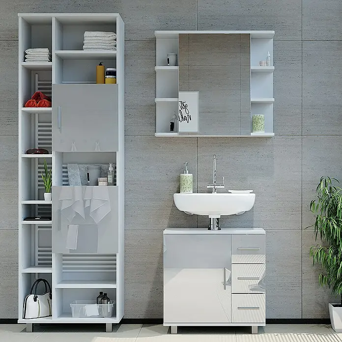 Vicco Badmöbel-Set Ilias Weiß Hochglanz 3 Teile, mit Hochschrank - Gesamtbreite Badmöbel: 120 cm, Weiß Hochglanz, Glänzend