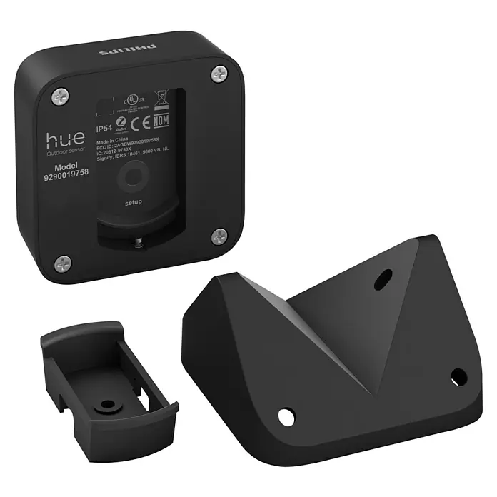 Philips Hue Bewegungsmelder - Reichweite Sensor: 12 m, Schwarz, L x B x H: 7,5 x 17,6 x 16,5 cm - Nahaufnahme des Philips Hue Outdoor Sensors mit Zubehör zur einfachen Montage im Außenbereich.