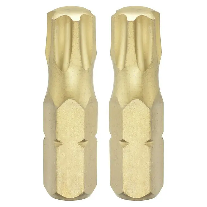 Connex Punta COXT973840 - TX 40, 25 mm - Primer plano de dos insertos de punta Torx dorados, ideales para tareas de atornillado en varios proyectos.