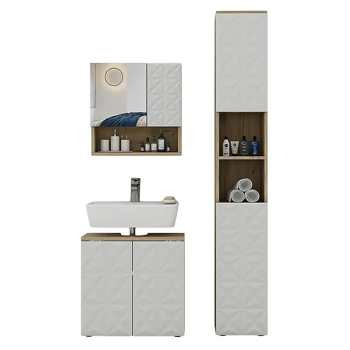 Vicco Badmöbel-Set Edge Weiß 3 Teile, mit Hochschrank - Gesamtbreite Badmöbel: 90 cm, Weiß, Matt