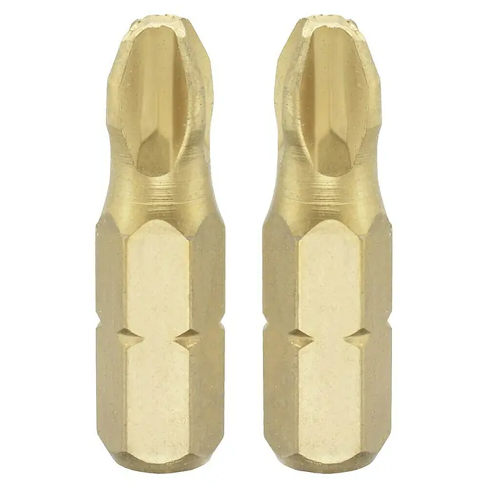 Connex Punta COXT973863 - PH 3, 25 mm - Primer plano de dos puntas de destornillador doradas, mostrando sus ranuras precisas y su robusta construcción. Ideal para un agarre seguro y atornillado eficiente.
