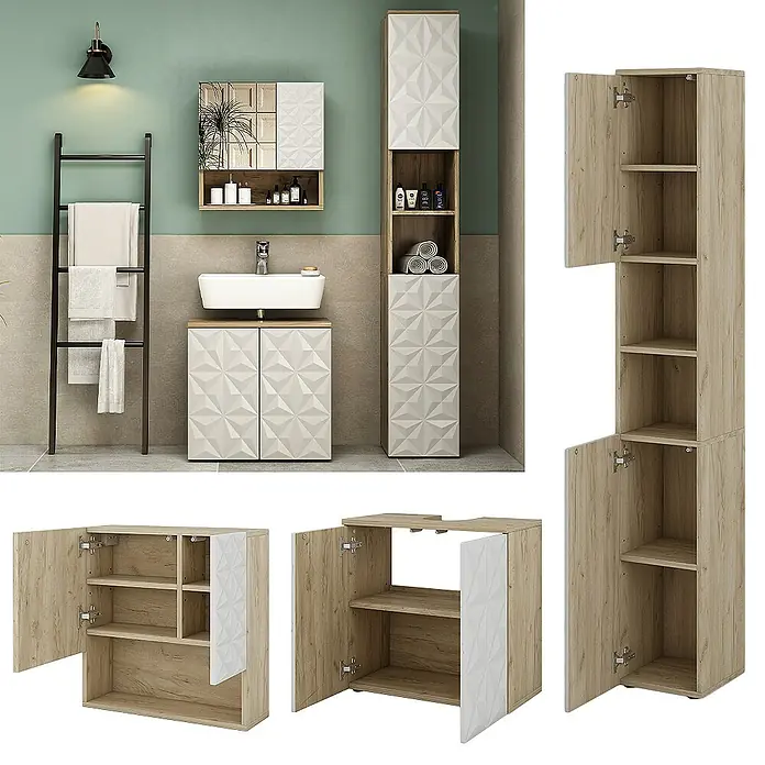 Vicco Badmöbel-Set Edge Weiß 3 Teile, mit Hochschrank - Gesamtbreite Badmöbel: 90 cm, Weiß, Matt