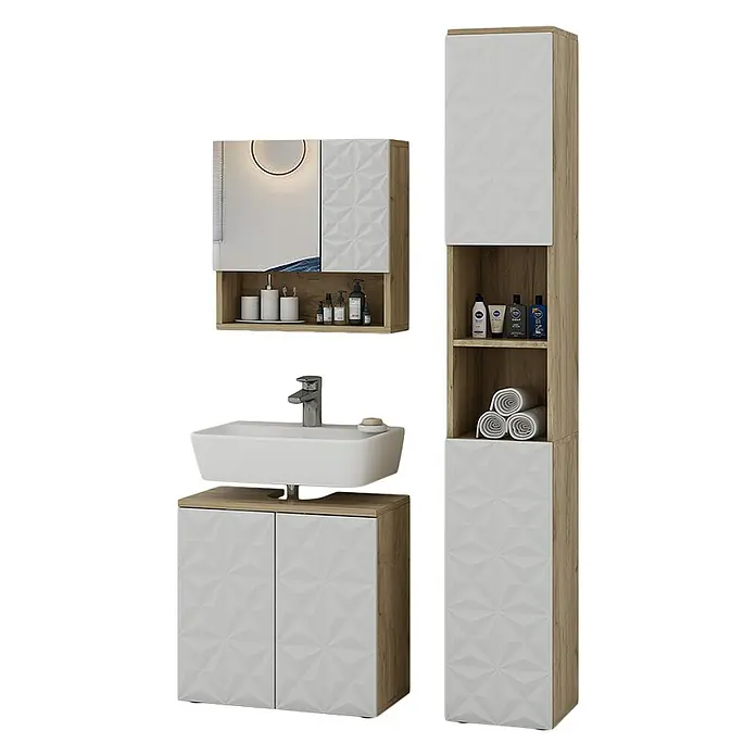 Vicco Badmöbel-Set Edge Weiß 3 Teile, mit Hochschrank - Gesamtbreite Badmöbel: 90 cm, Weiß, Matt