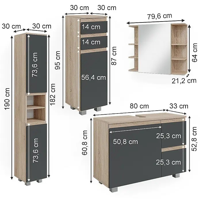 Vicco Badmöbel-Set J-Shape Sonoma 4 Teile - Gesamtbreite Badmöbel: 140 cm, Sonoma, Matt