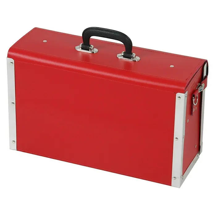 Hepco & Becker Werkzeugtasche Favorit 7163 - Innenmaß: B x T x H: 420 x 150 x 250 mm, Leder, Farbe: Rot - Roter Werkzeugkasten mit schwarzem Griff und silbernen Beschlägen. Ein robuster und stilvoller Kasten für Ihre Werkzeuge.