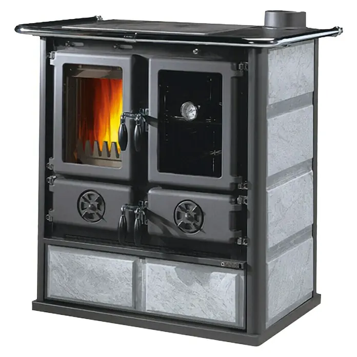 La Nordica Küchenherd Rosetta - 8,8 kW, Raumheizvermögen: 206 m³, Mit Holzfach, Schwarz/Serpentino - Ein Kaminofen mit Backofen, ideal zum Kochen und Heizen. Das Gerät überzeugt durch seine Vielseitigkeit und rustikale Optik.