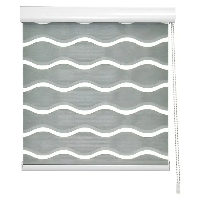 Estor noche y día Ondas - An x Al: 150 x 250 cm, Gris - Primer plano de un estor enrollable doble gris con rayas onduladas blancas, que ofrece luz suave y privacidad.