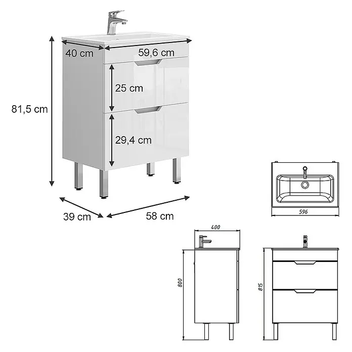 Vicco Badmöbel-Set Clayton Weiß 2 Teile, Unterschrank 60 cm - Gesamtbreite Badmöbel: 58 cm, Weiß, Matt