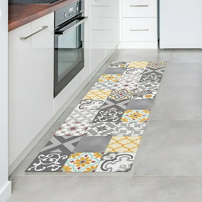 Alfombra de vinilo Croma Patch - Gris/Amarillo, 200 x 60 cm - Alfombra de cocina con diseño de azulejos.
