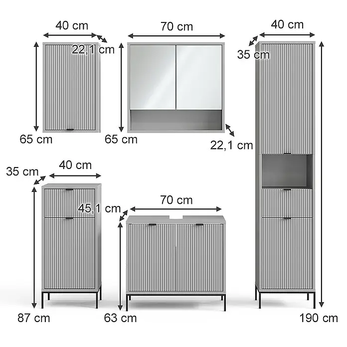 Vicco Badmöbel-Set Eliza Grau 5 Teile - Gesamtbreite Badmöbel: 150 cm, Grau, Matt
