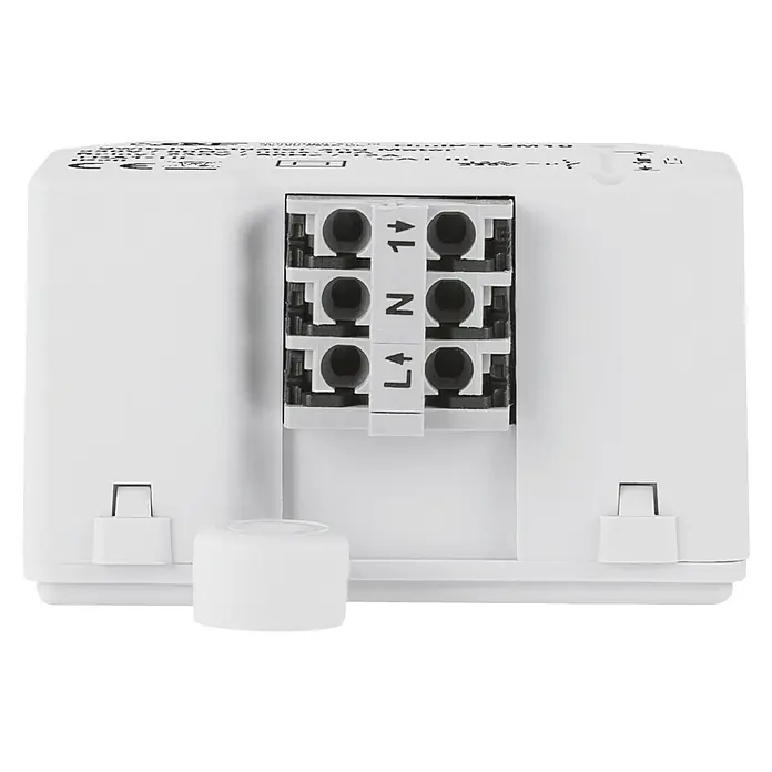 Homematic IP Funkschalter Mess-Aktor HmIP-FSM16 - 230 V, 16 A, 41 x 54 x 33 mm - Rückansicht eines weißen elektronischen Geräts mit Anschlussklemmen, beschriftet mit L, N und Pfeilen, die die Eingangs- und Ausgangsseite des Stroms anzeigen.