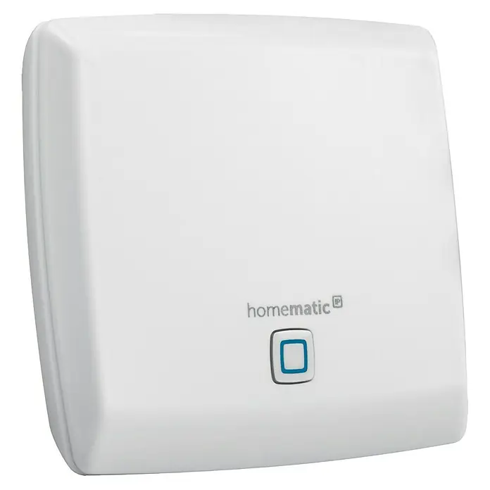 Homematic IP Steuerzentrale Access Point HmIP-HAP - Weiß, 11,8 x 10,4 x 2,6 cm, Funkfrequenz: 868 MHz - 869,4 MHz - Nahaufnahme eines Homematic IP Geräts in Weiß mit blauem Knopf, ideal für Smart-Home-Lösungen.